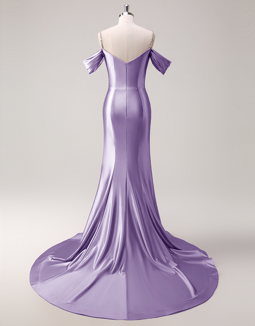 Sparkly Blush Mermaid Cold Shoulder Ruched Satin Long Prom Dress