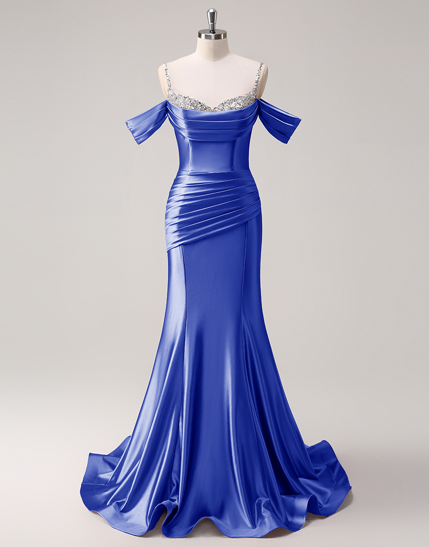 Sparkly Blush Mermaid Cold Shoulder Ruched Satin Long Prom Dress