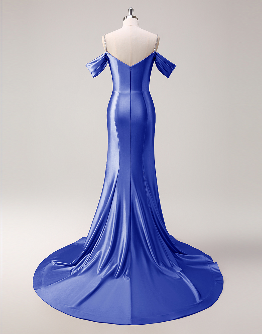 Sparkly Blush Mermaid Cold Shoulder Ruched Satin Long Prom Dress