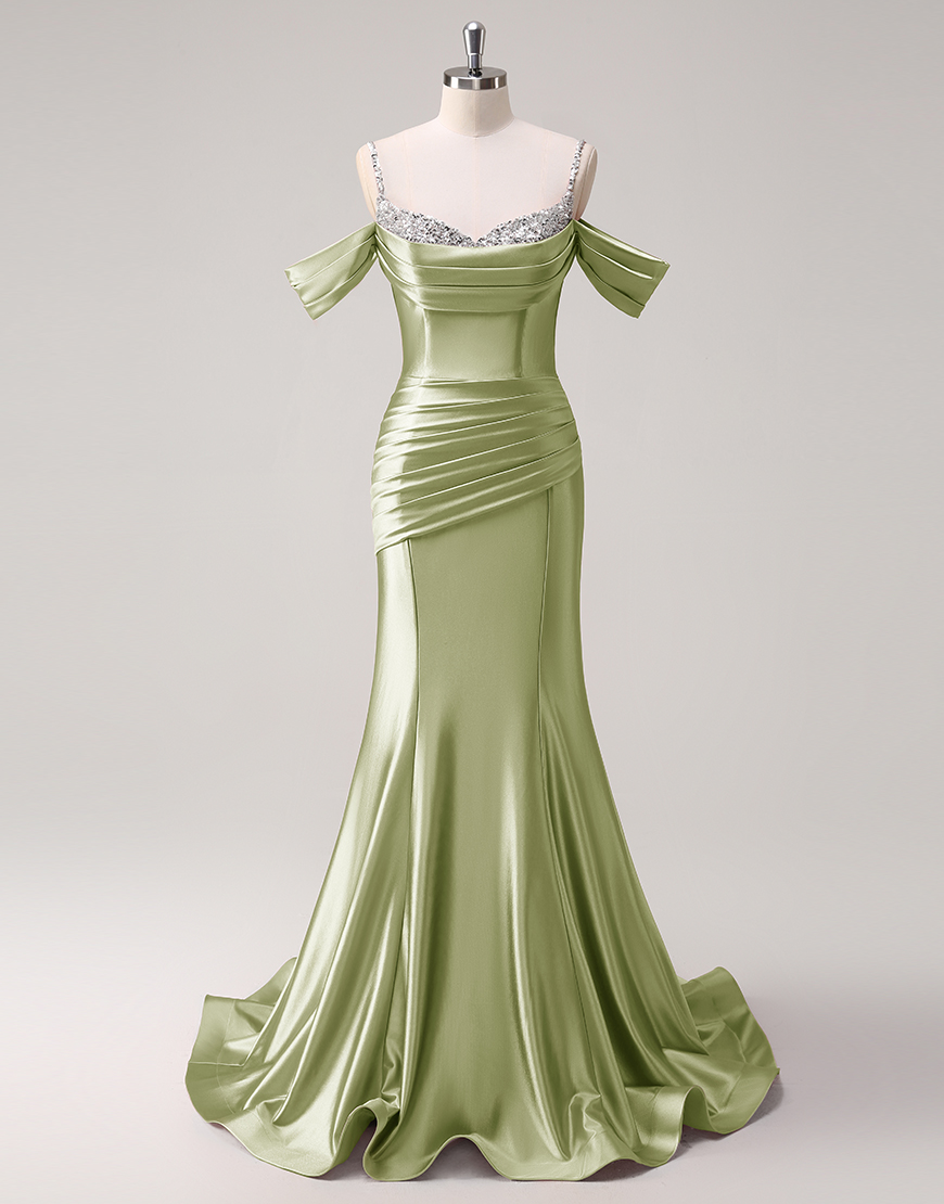 Sparkly Blush Mermaid Cold Shoulder Ruched Satin Long Prom Dress