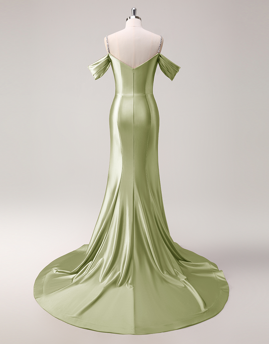 Sparkly Blush Mermaid Cold Shoulder Ruched Satin Long Prom Dress