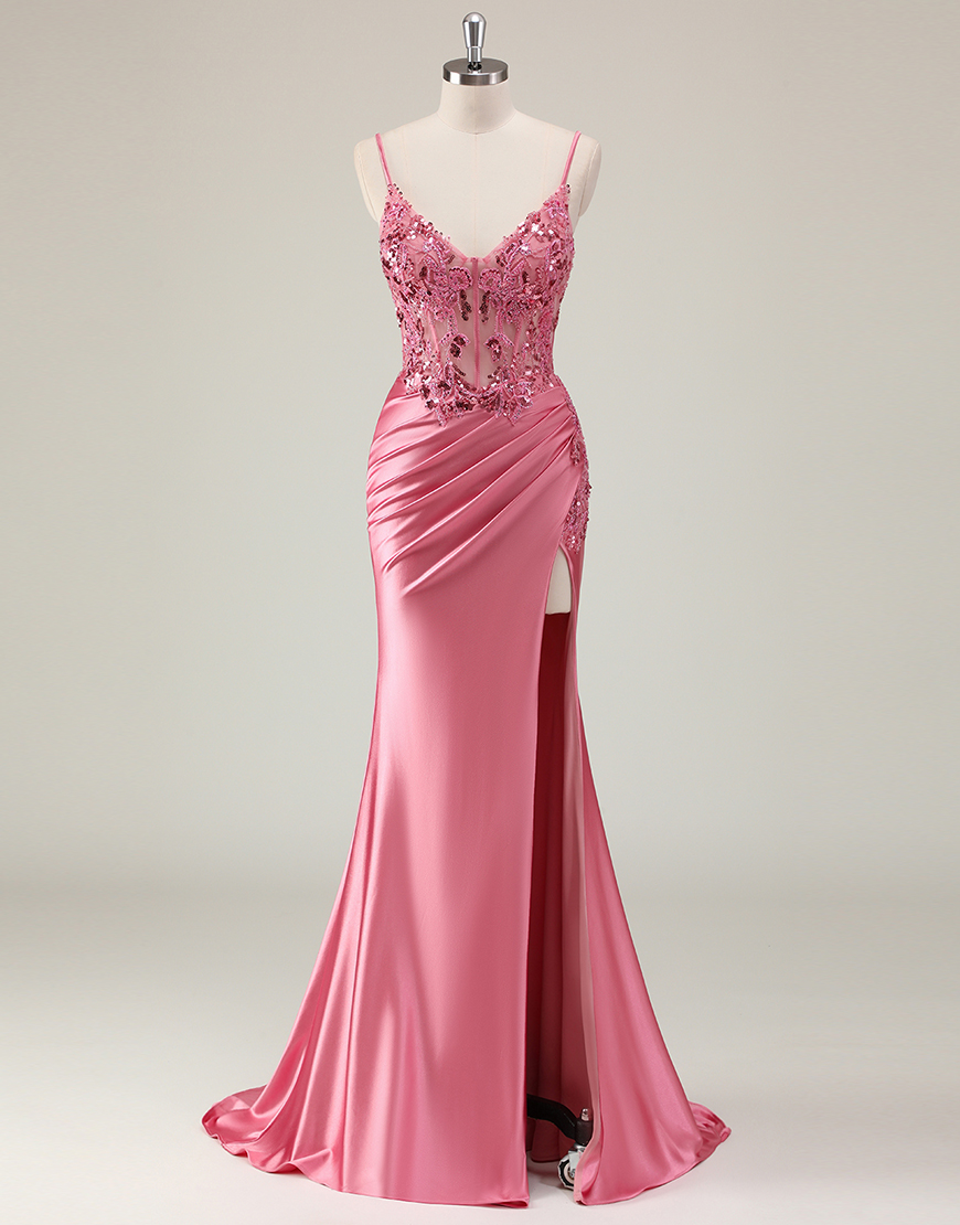 Sparkly Coral Mermaid Spaghetti Straps Appliques Corset Satin Long Prom Dress with Slit