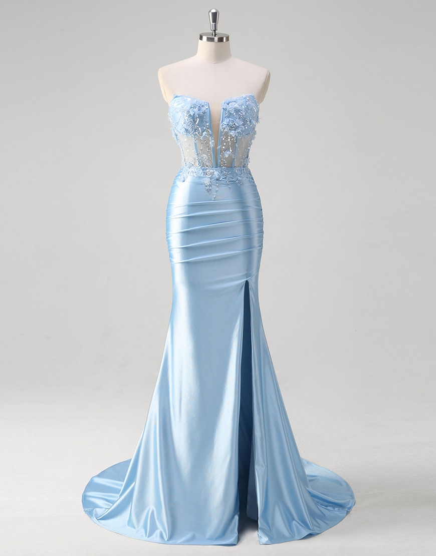 Sparkly Blue Mermaid Strapless Flowers Corset Satin Long Prom Dress with Slit