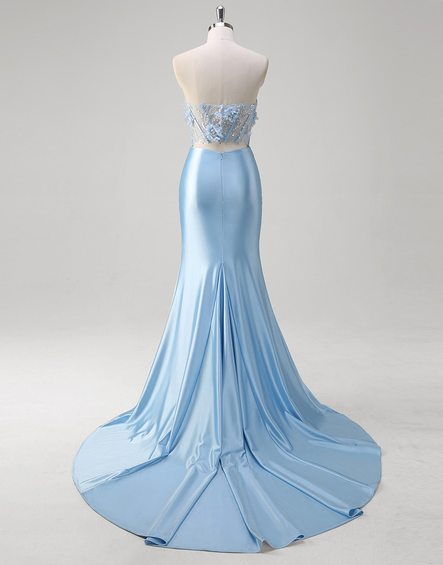 Sparkly Blue Mermaid Strapless Flowers Corset Satin Long Prom Dress with Slit