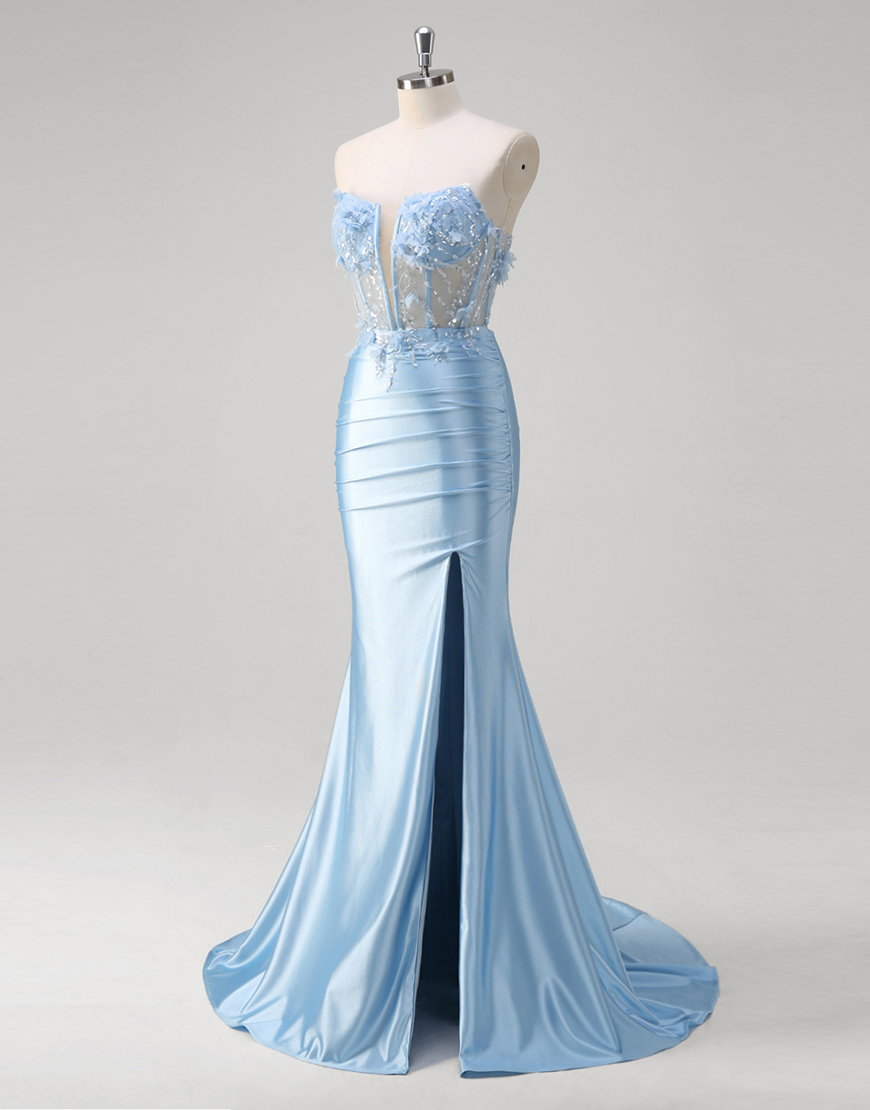 Sparkly Blue Mermaid Strapless Flowers Corset Satin Long Prom Dress with Slit