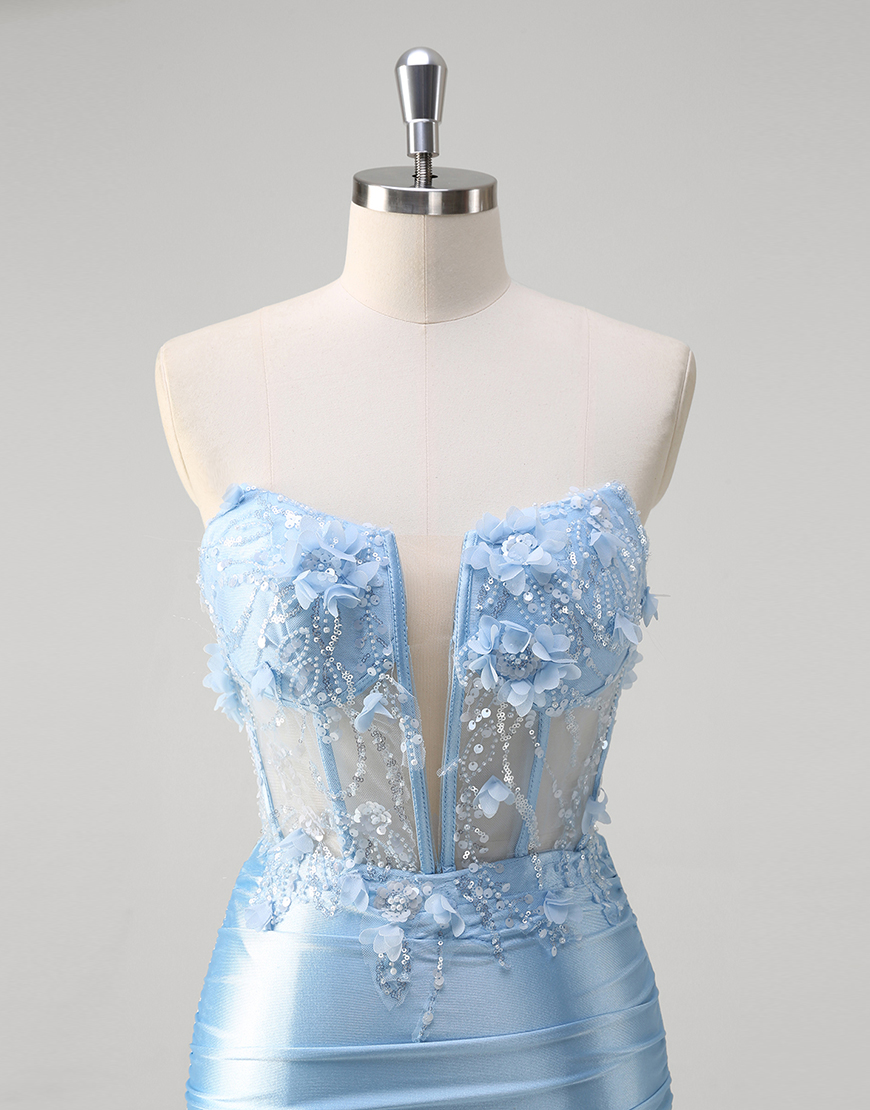 Sparkly Blue Mermaid Strapless Flowers Corset Satin Long Prom Dress with Slit