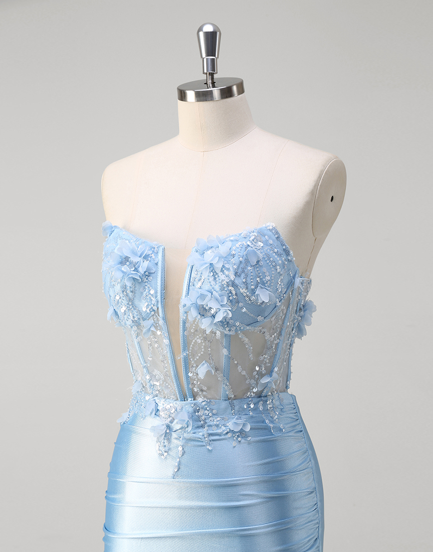 Sparkly Blue Mermaid Strapless Flowers Corset Satin Long Prom Dress with Slit