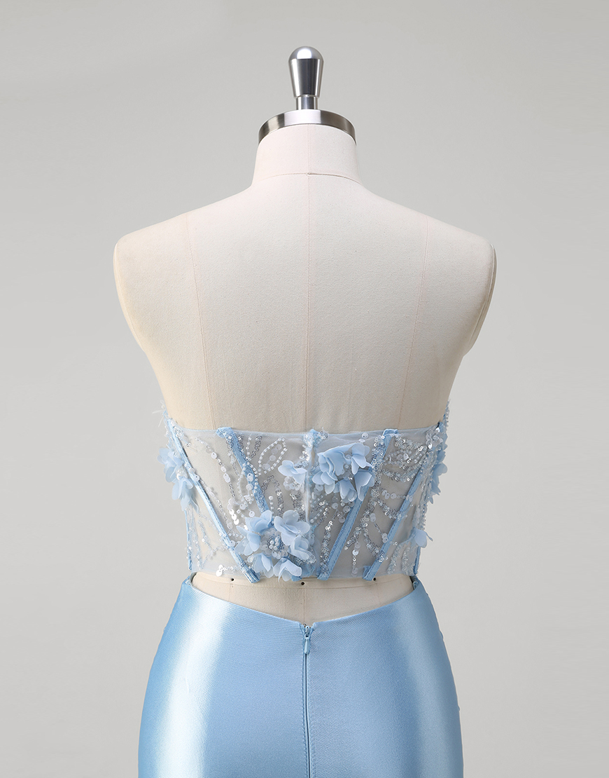 Sparkly Blue Mermaid Strapless Flowers Corset Satin Long Prom Dress with Slit