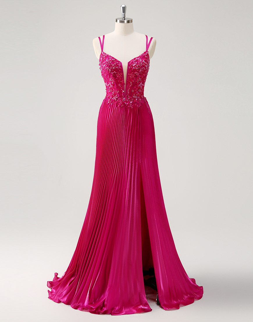 Sparkly Fuchsia A-Line Corset Appliques Long Prom Dress with Slit