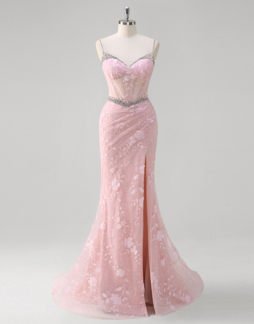 Sparkly Pink Mermaid Rhinestones Spaghetti Straps Floral Corset Long Prom Dress with Slit