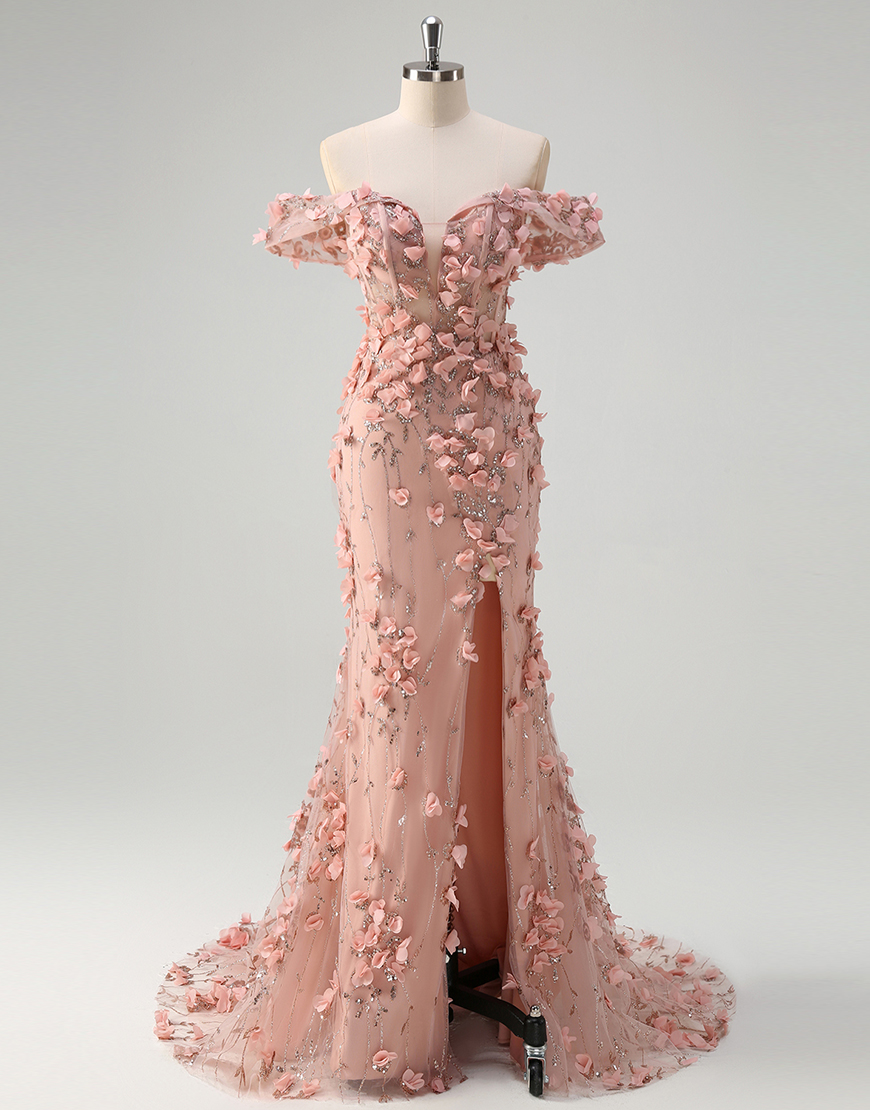 Sparkly Blush Mermaid Flowers Off the Shoulder Corset Long Prom Dress with Slit