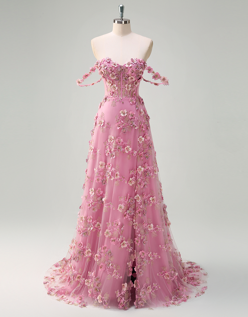 Sparky Taro A-Line Off the Shoulder Corset Flowers Long Prom Dress with Slit