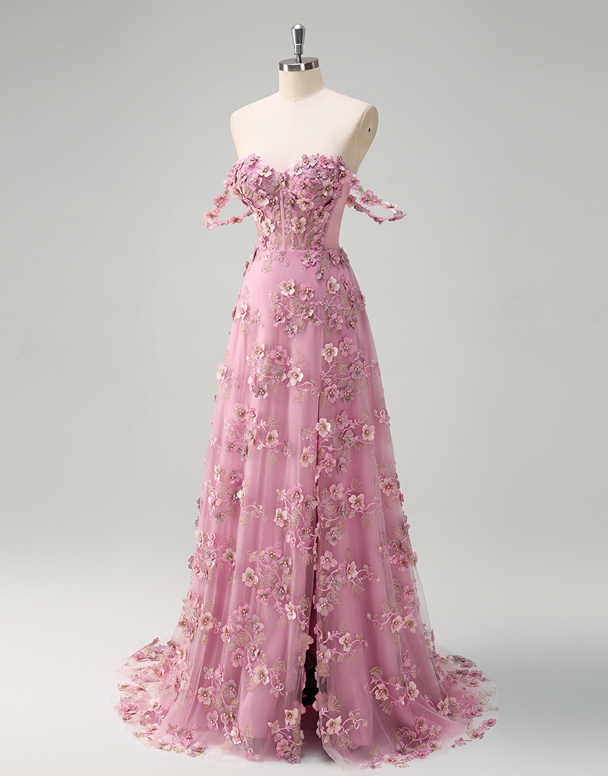 Sparky Taro A-Line Off the Shoulder Corset Flowers Long Prom Dress with Slit