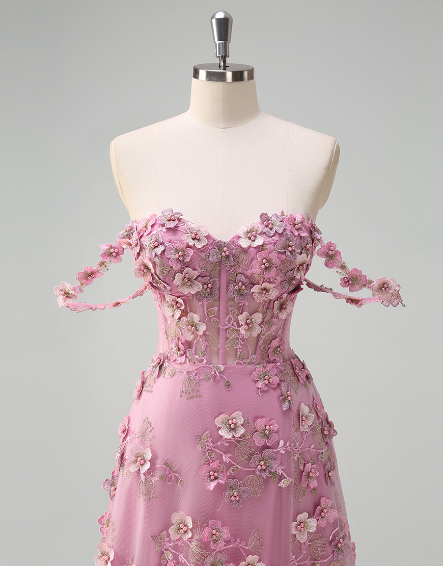 Sparky Taro A-Line Off the Shoulder Corset Flowers Long Prom Dress with Slit