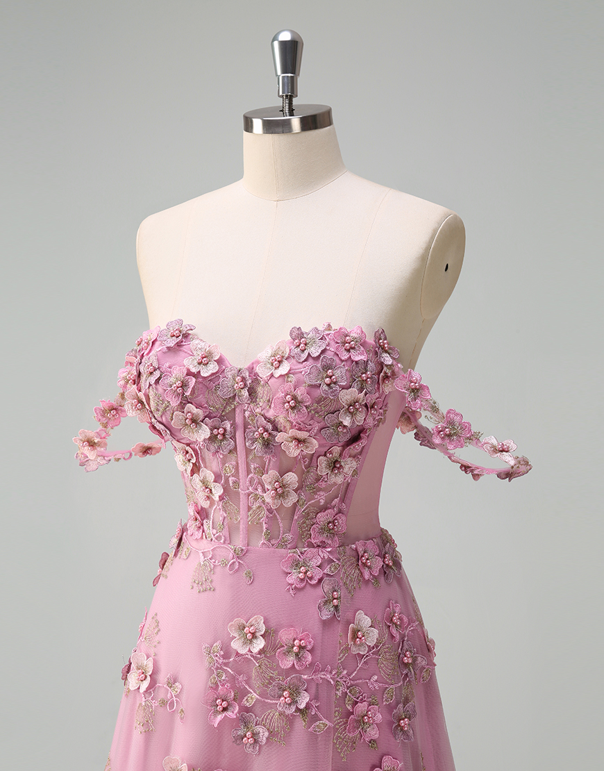 Sparky Taro A-Line Off the Shoulder Corset Flowers Long Prom Dress with Slit