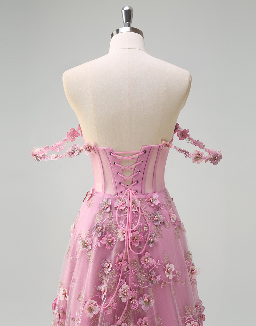 Sparky Taro A-Line Off the Shoulder Corset Flowers Long Prom Dress with Slit