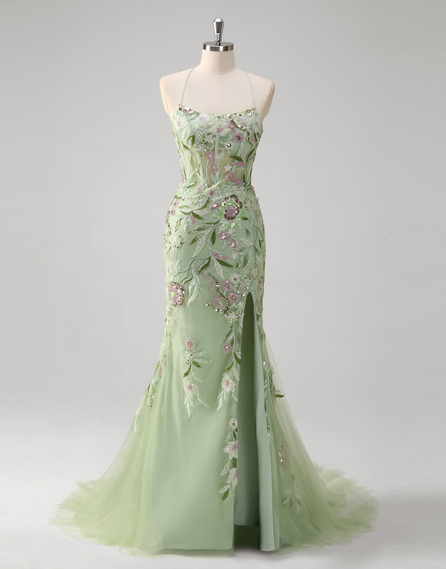 Sparkly Green Mermaid Spaghetti Straps Sequined Floral Corset Tulle Long Prom Dress with Slit