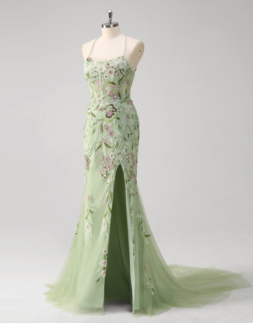 Sparkly Green Mermaid Spaghetti Straps Sequined Floral Corset Tulle Long Prom Dress with Slit