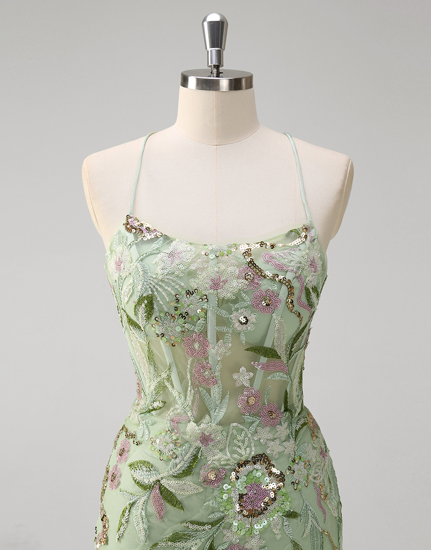 Sparkly Green Mermaid Spaghetti Straps Sequined Floral Corset Tulle Long Prom Dress with Slit