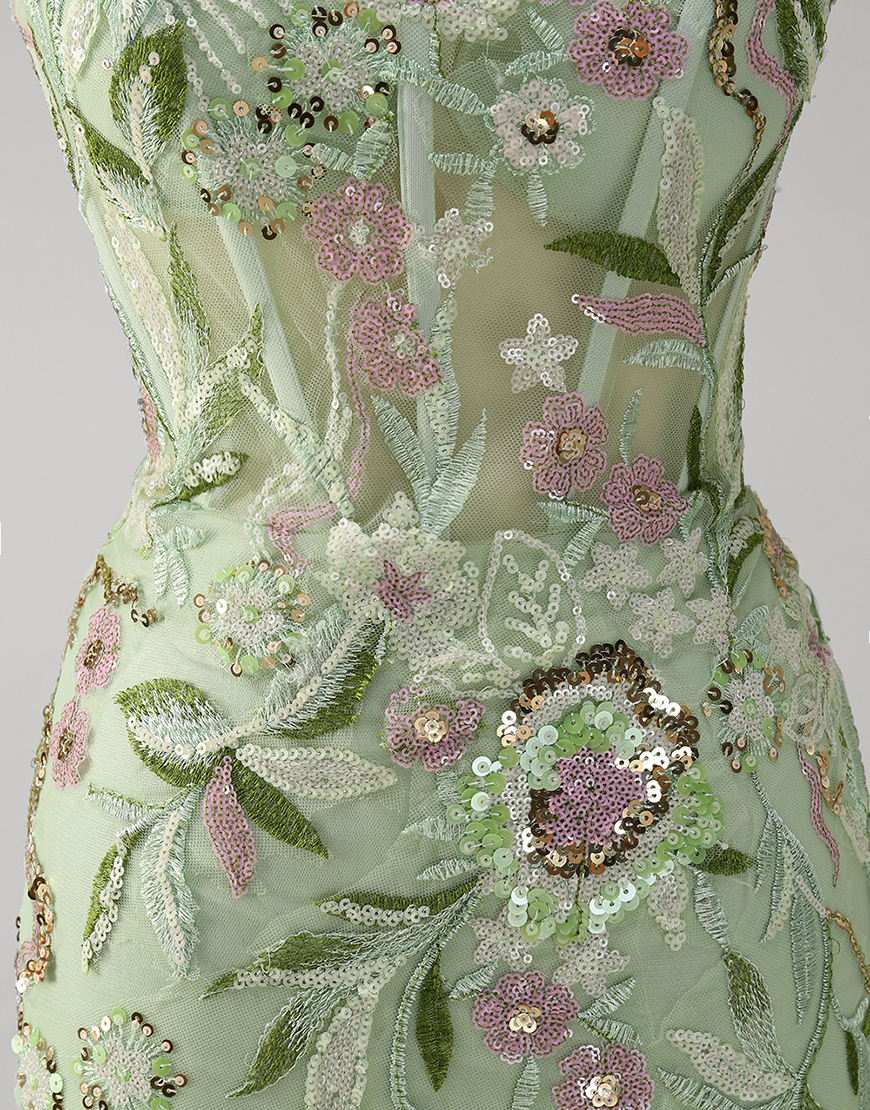 Sparkly Green Mermaid Spaghetti Straps Sequined Floral Corset Tulle Long Prom Dress with Slit