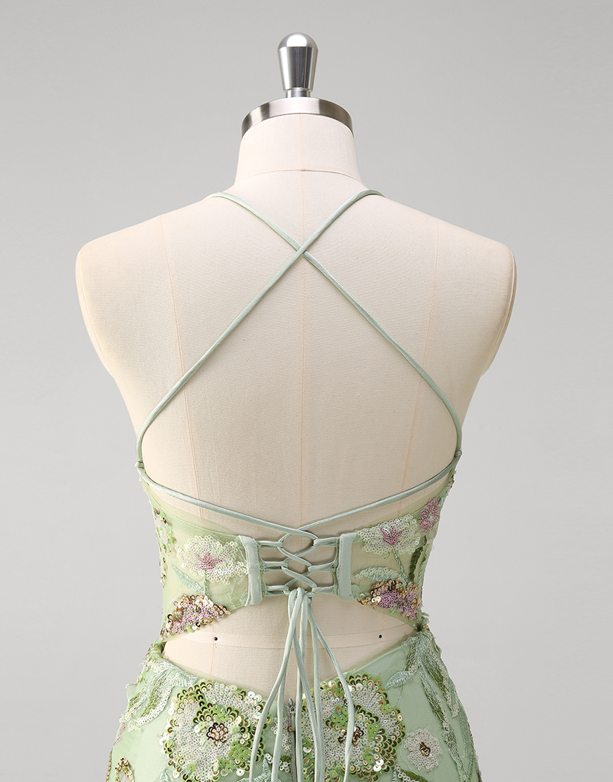 Sparkly Green Mermaid Spaghetti Straps Sequined Floral Corset Tulle Long Prom Dress with Slit