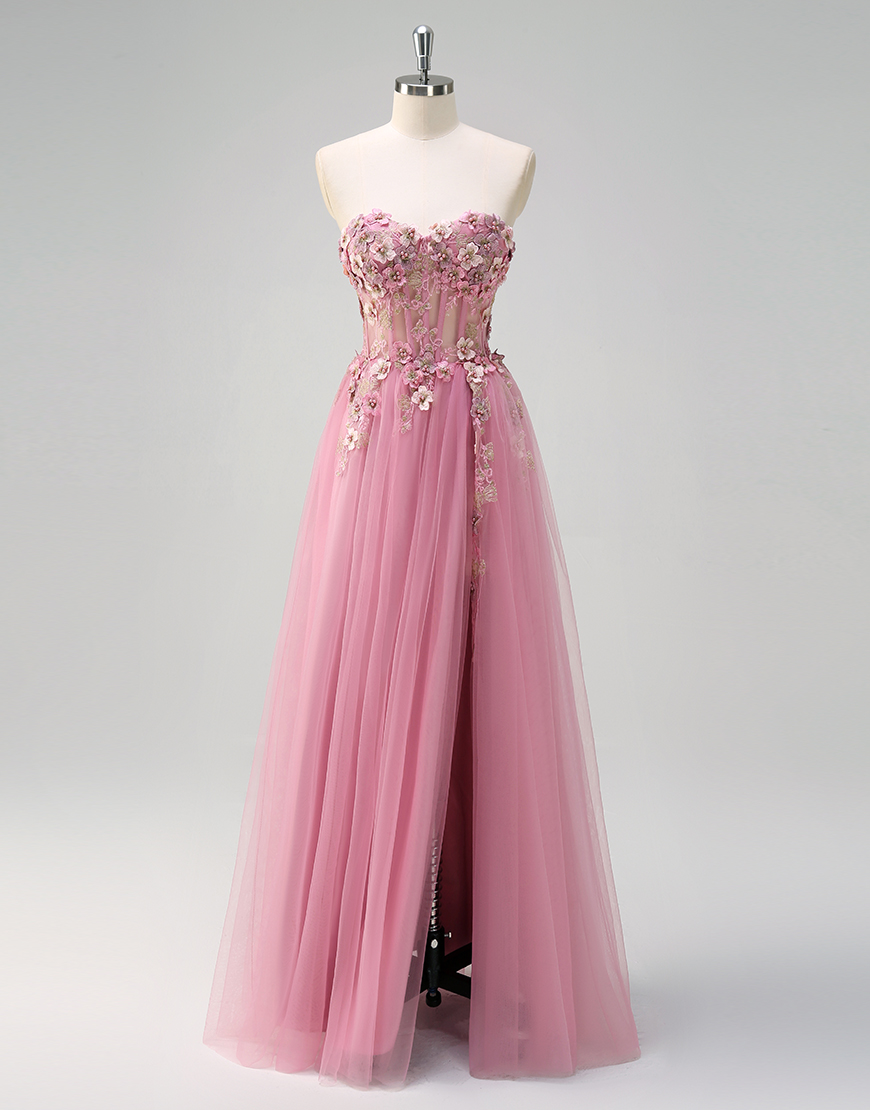 Sparkly Taro A-Line Strapless Corset Flowers Tulle Long Prom Dress with Slit