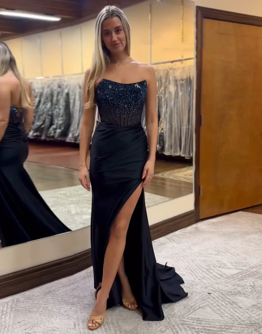 Sparkly Red Mermaid Strapless Beaded Corset Long Prom Dress with Slit