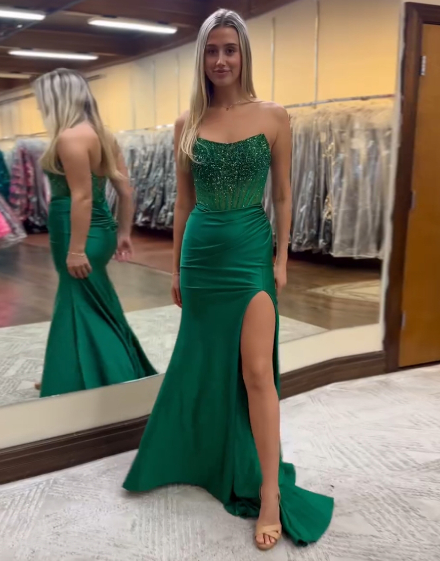 Sparkly Red Mermaid Strapless Beaded Corset Long Prom Dress with Slit