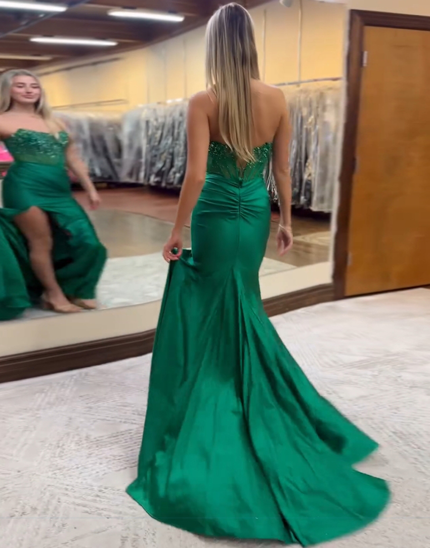 Sparkly Red Mermaid Strapless Beaded Corset Long Prom Dress with Slit