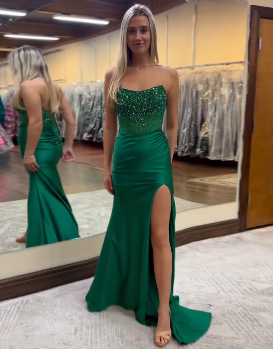 Sparkly Red Mermaid Strapless Beaded Corset Long Prom Dress with Slit