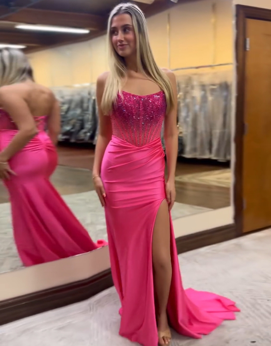 Sparkly Red Mermaid Strapless Beaded Corset Long Prom Dress with Slit