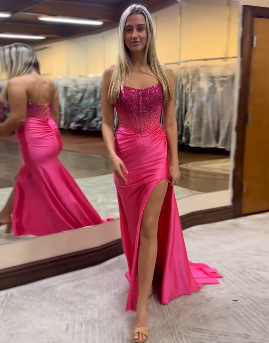 Sparkly Red Mermaid Strapless Beaded Corset Long Prom Dress with Slit