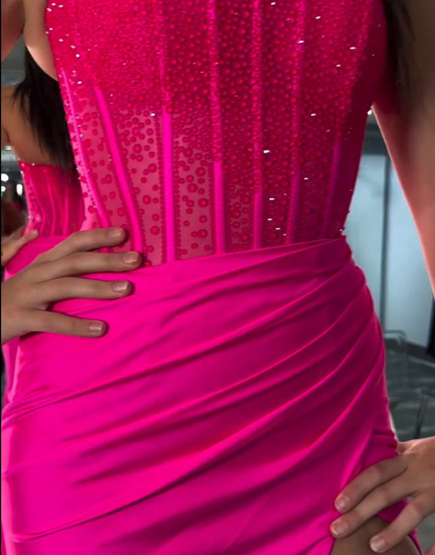 Sparkly Red Mermaid Strapless Beaded Corset Long Prom Dress with Slit