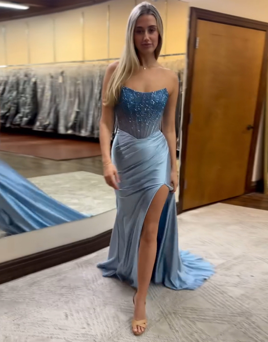 Sparkly Red Mermaid Strapless Beaded Corset Long Prom Dress with Slit