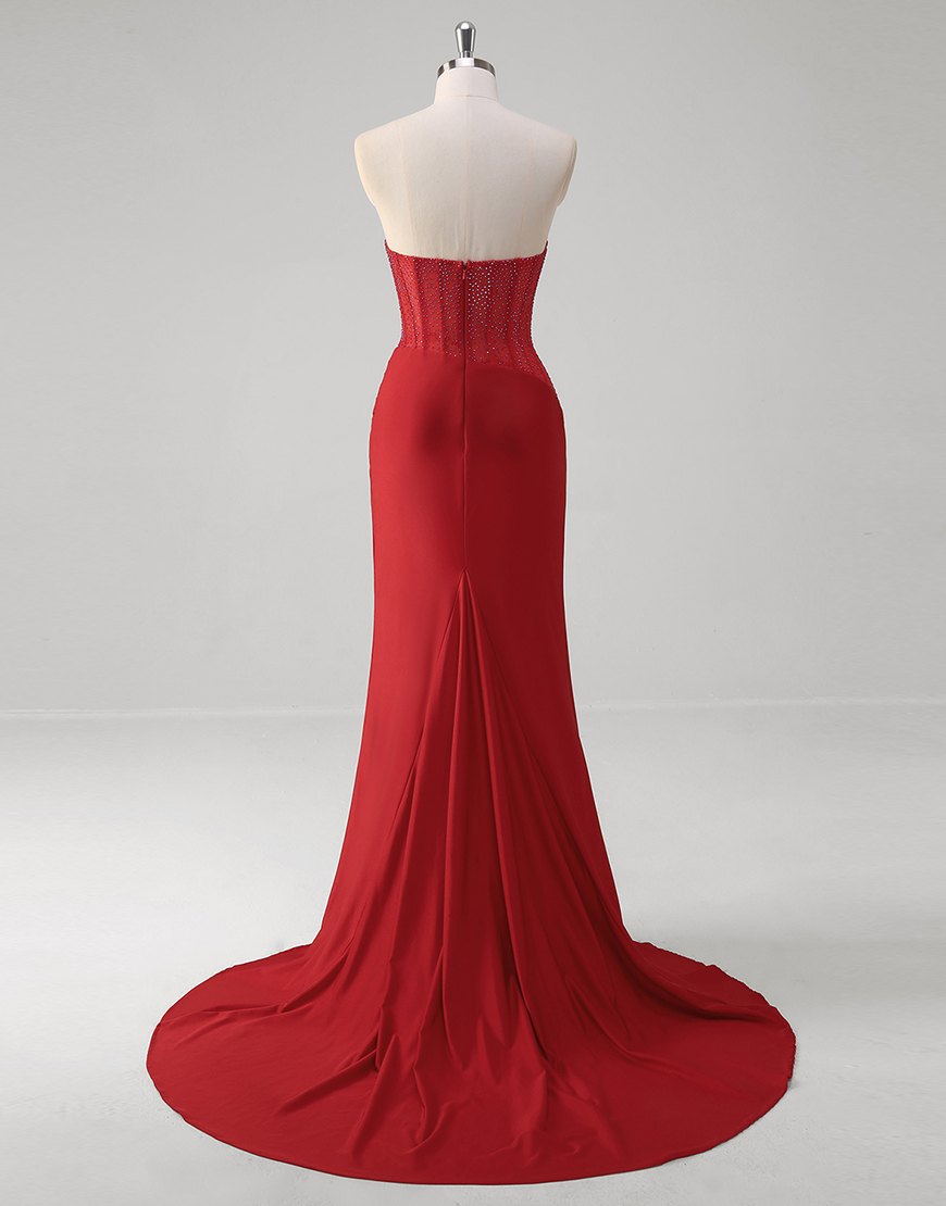 Sparkly Red Mermaid Strapless Beaded Corset Long Prom Dress with Slit