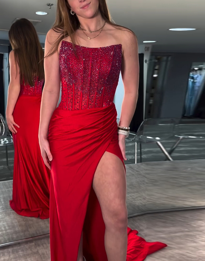 Sparkly Red Mermaid Strapless Beaded Corset Long Prom Dress with Slit