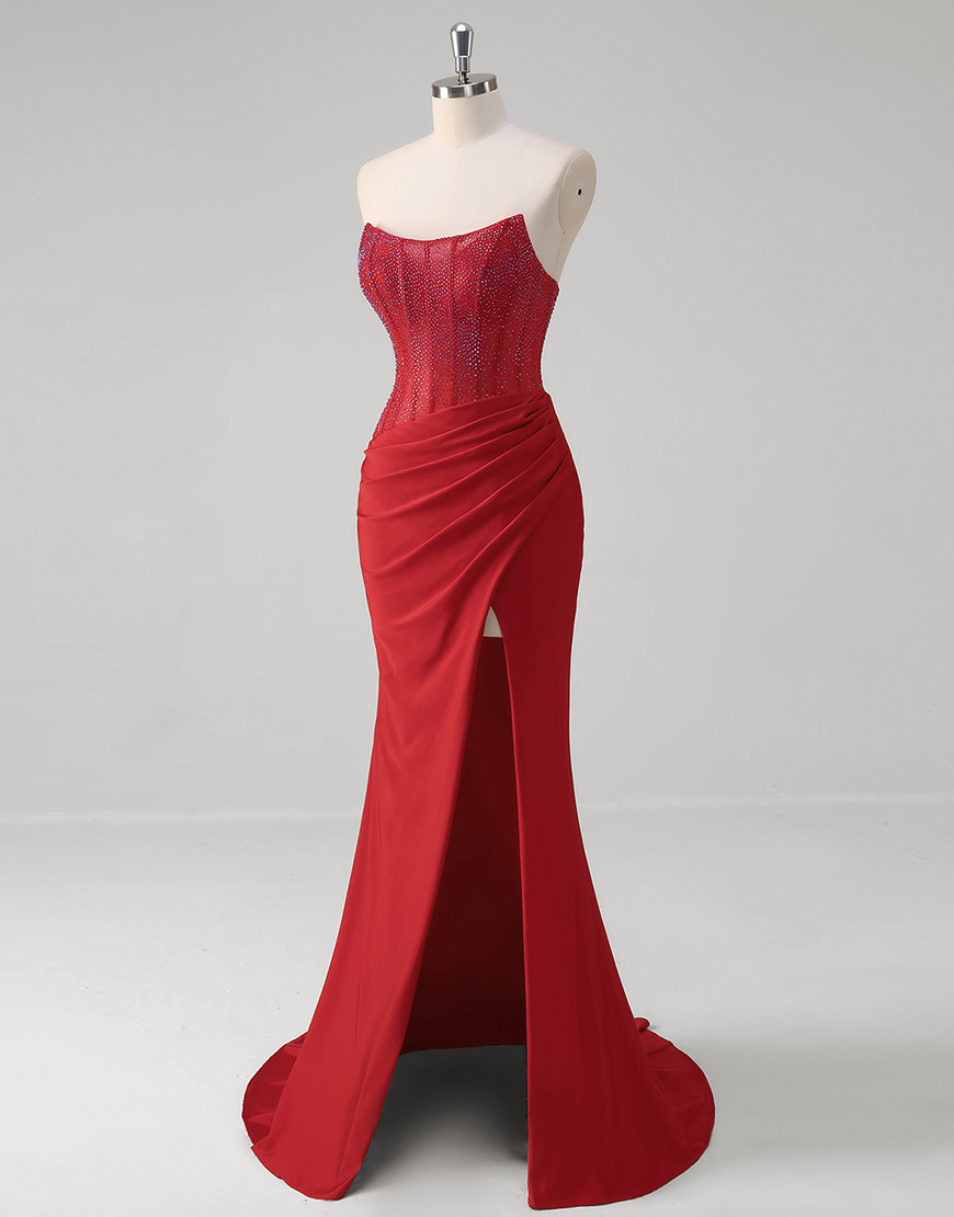 Sparkly Red Mermaid Strapless Beaded Corset Long Prom Dress with Slit