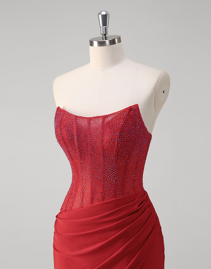 Sparkly Red Mermaid Strapless Beaded Corset Long Prom Dress with Slit