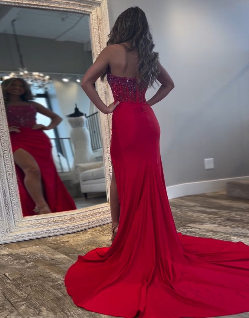 Sparkly Red Mermaid Strapless Beaded Corset Long Prom Dress with Slit
