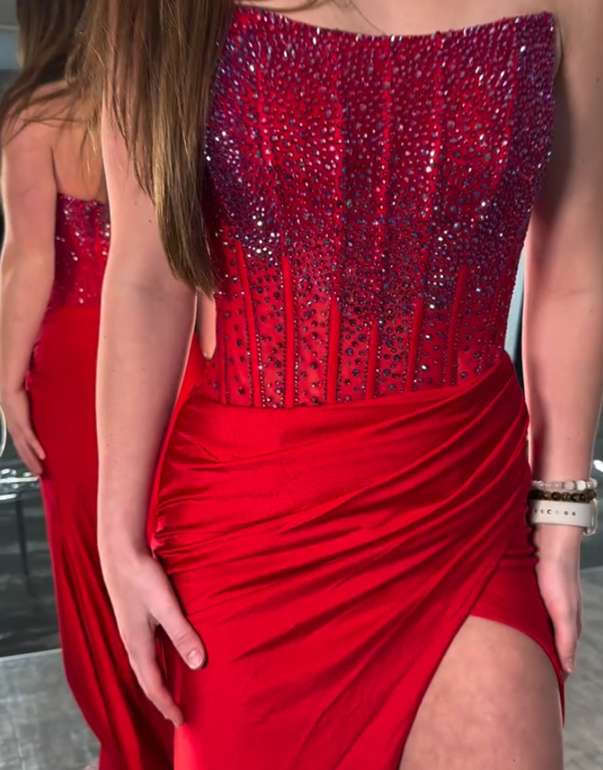 Sparkly Red Mermaid Strapless Beaded Corset Long Prom Dress with Slit