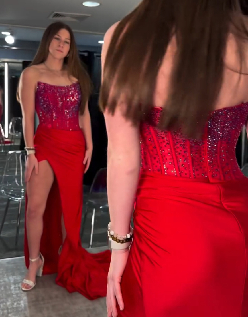 Sparkly Red Mermaid Strapless Beaded Corset Long Prom Dress with Slit