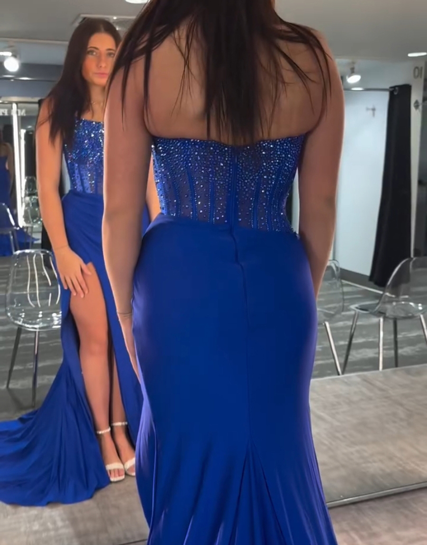 Sparkly Red Mermaid Strapless Beaded Corset Long Prom Dress with Slit