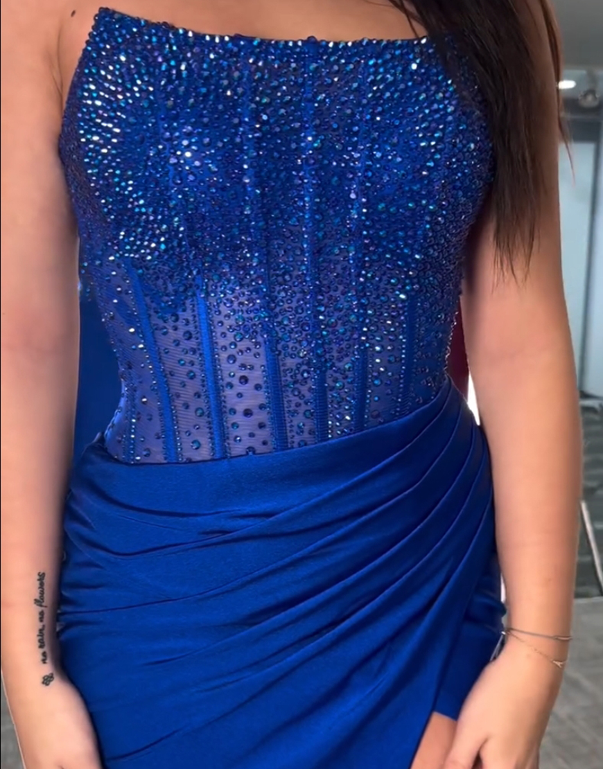 Sparkly Red Mermaid Strapless Beaded Corset Long Prom Dress with Slit