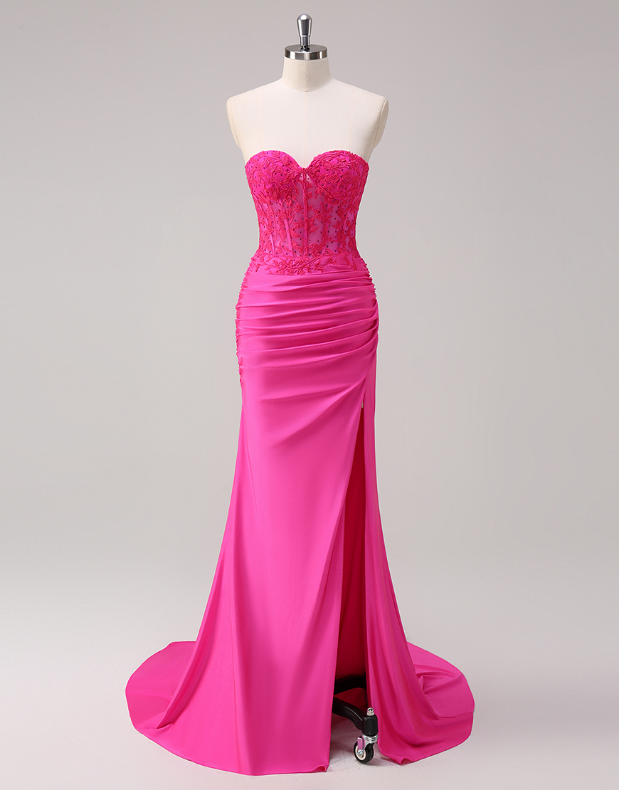 Sparkly Fuchsia Mermaid Strapless Beaded Corset Appliques Long Prom Dress with Slit
