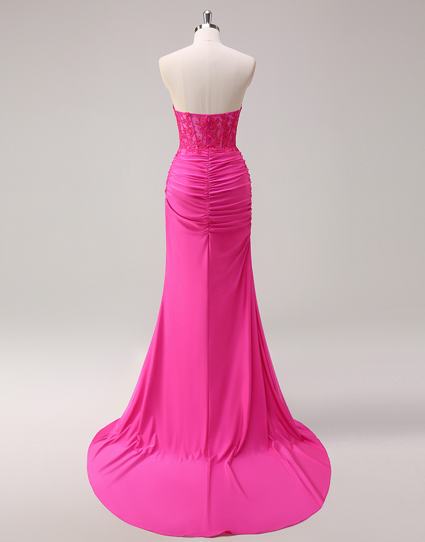 Sparkly Fuchsia Mermaid Strapless Beaded Corset Appliques Long Prom Dress with Slit