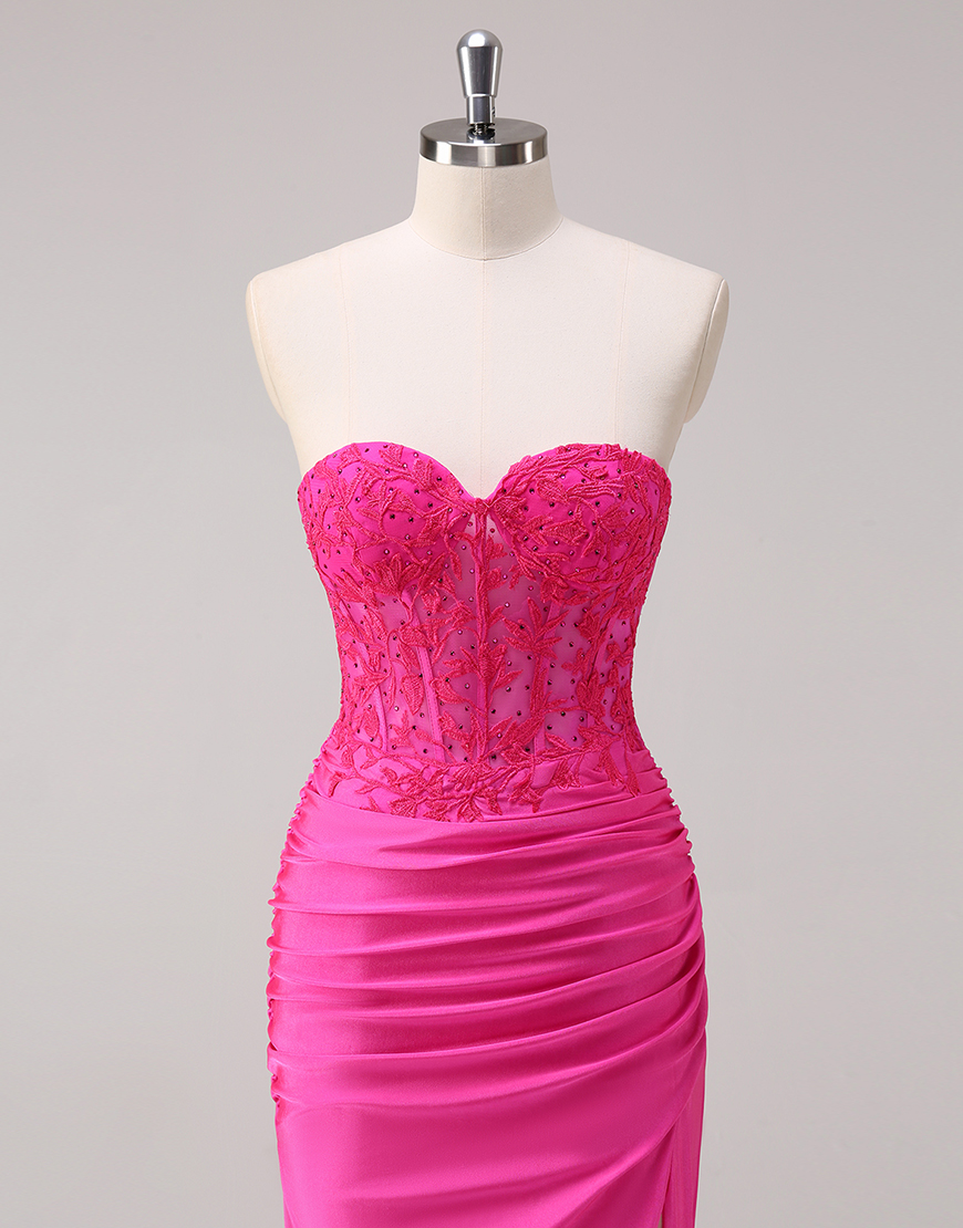 Sparkly Fuchsia Mermaid Strapless Beaded Corset Appliques Long Prom Dress with Slit