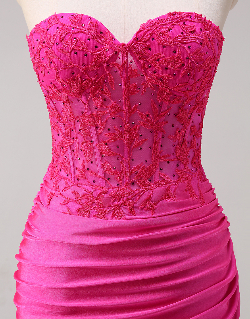 Sparkly Fuchsia Mermaid Strapless Beaded Corset Appliques Long Prom Dress with Slit