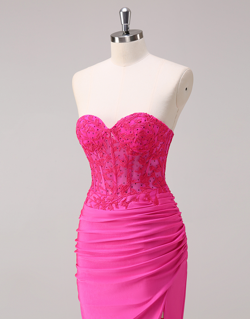 Sparkly Fuchsia Mermaid Strapless Beaded Corset Appliques Long Prom Dress with Slit