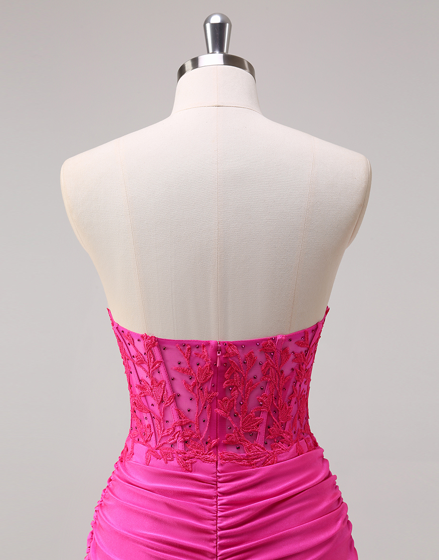 Sparkly Fuchsia Mermaid Strapless Beaded Corset Appliques Long Prom Dress with Slit