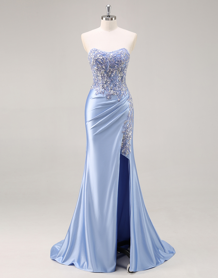 Saprkly Blue Mermaid Satin Corset Long Prom Dress with Slit